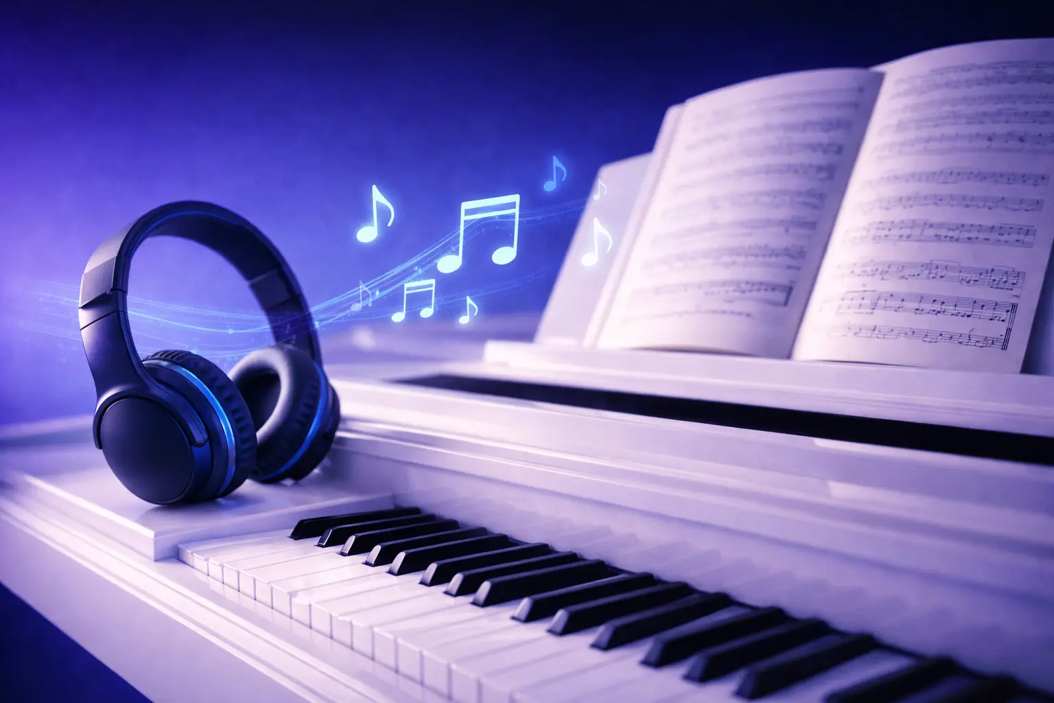 Casque audio noir et bleu posé sur un piano droit blanc avec partition ouverte et notes de musique dans une ambiance bleu-violet.